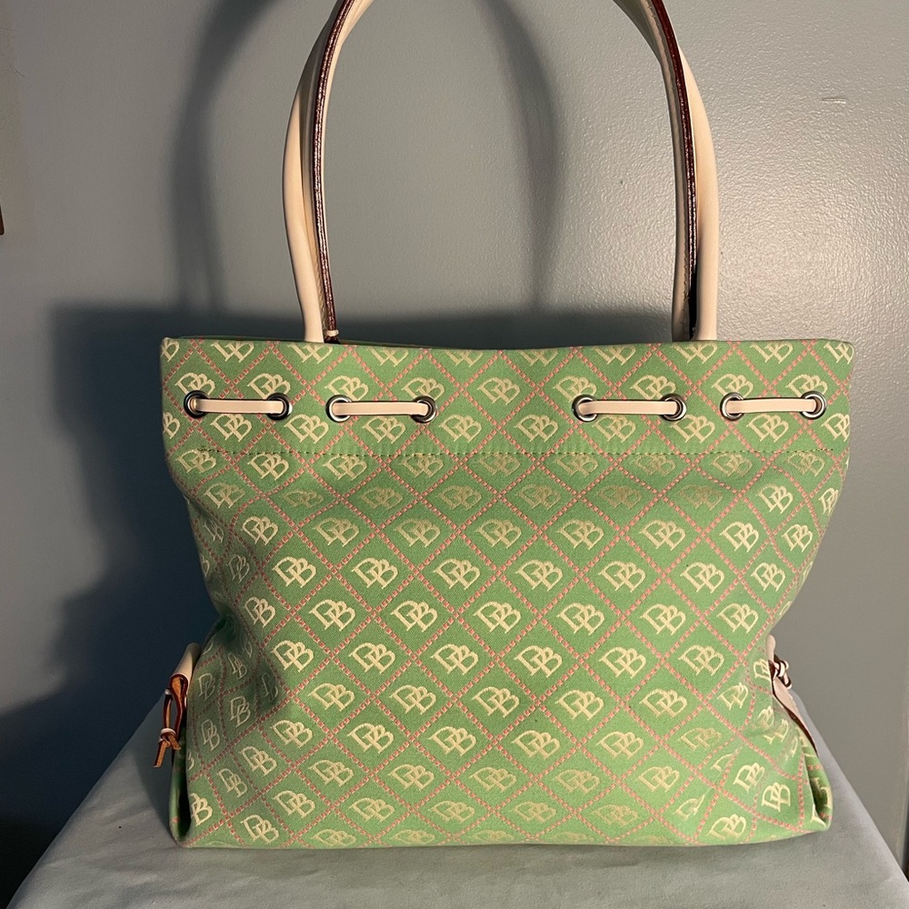Dooney & Bourke tassel tote Mint green and pink logo canvas NWOT - Picture 3 of 9